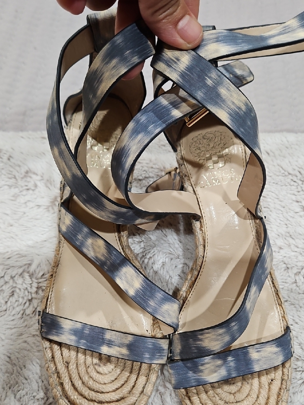 Vince Camuto Blue and Cream Strappy Espadrille Wedges